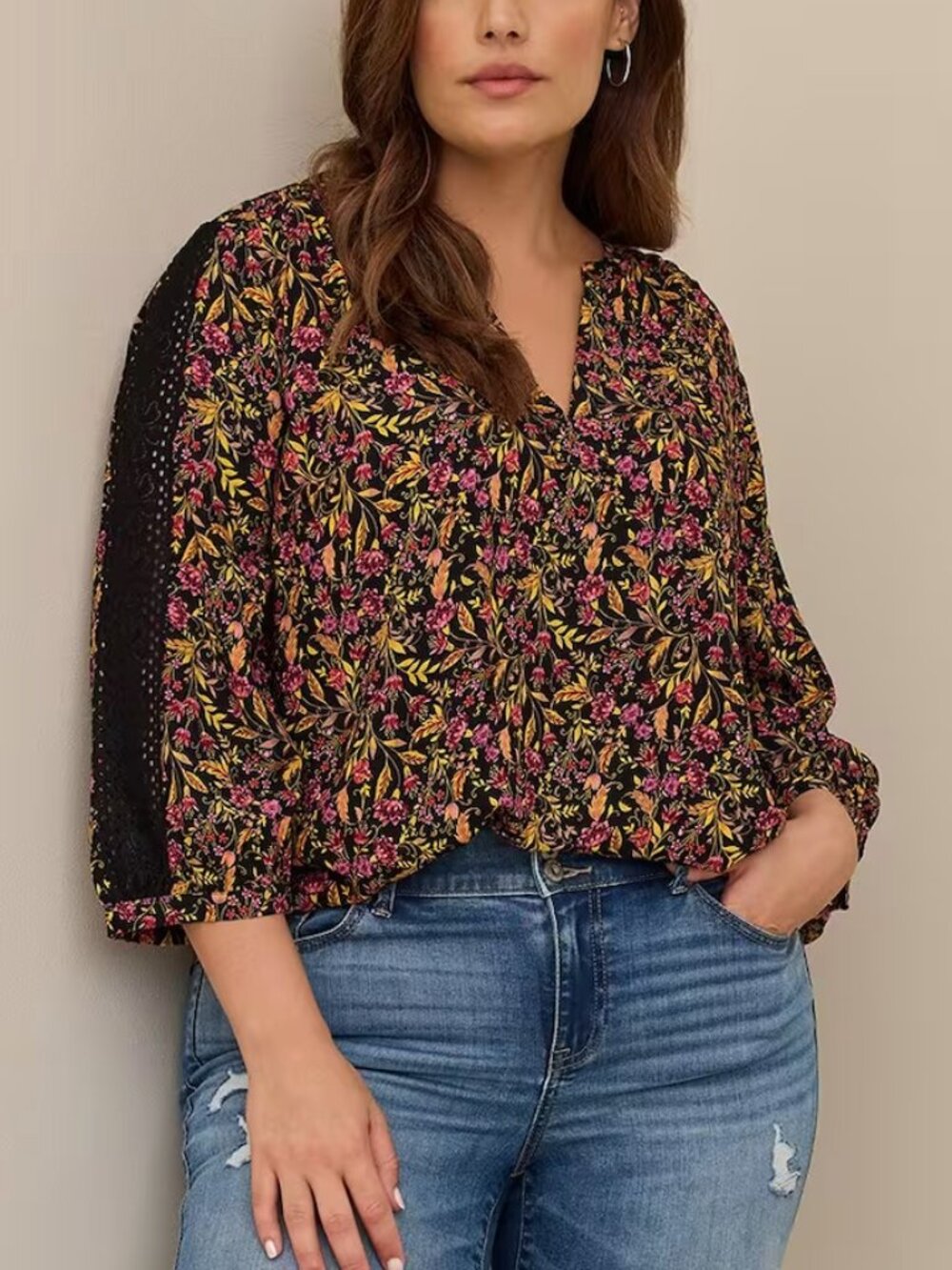 TORRID 1 Plus Size Challis with Embroidered Sleeve Top Black Floral Fall Boho 1X
